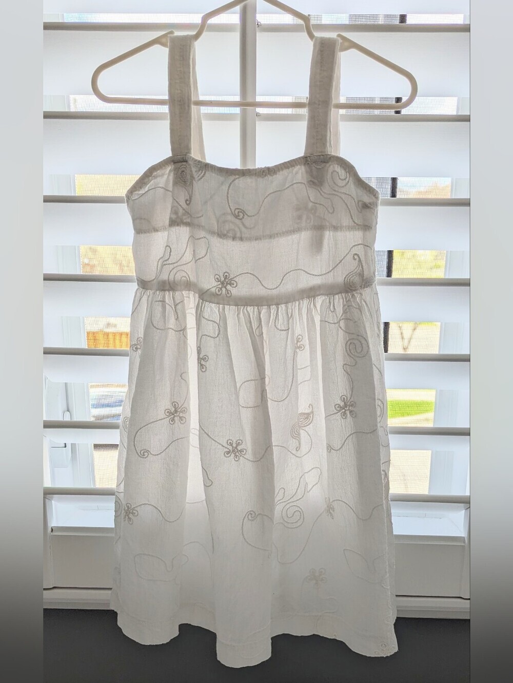 Girls' White Lightweight Sleeveless Floral-Embroidered Dress w/Wide Straps